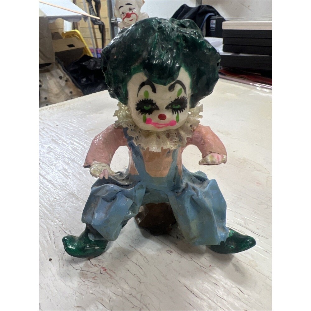 Vintage Creepy Clown Paper Mache Figurine SignedJJ Marquin Mexican Folk Art Rare